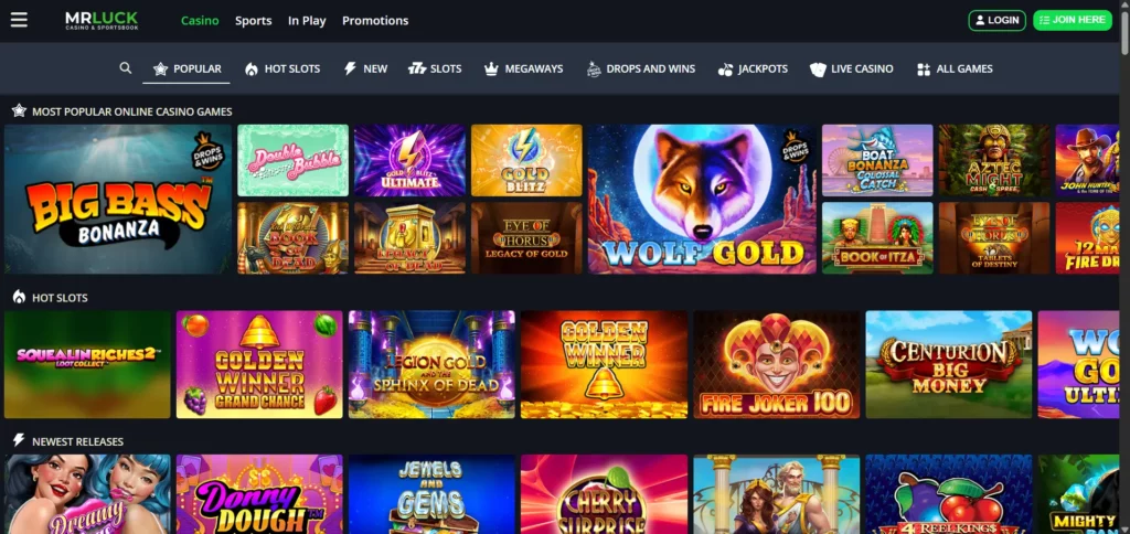 mrluck homepage showing different games and options